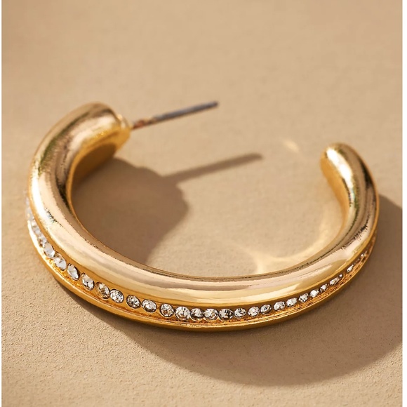 ANTHROPOLOGIE Gold Crystal Hoop Earrings - NWT ($44 Retail) - Picture 2 of 2